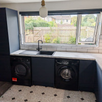 Navy kitchen with black appliances